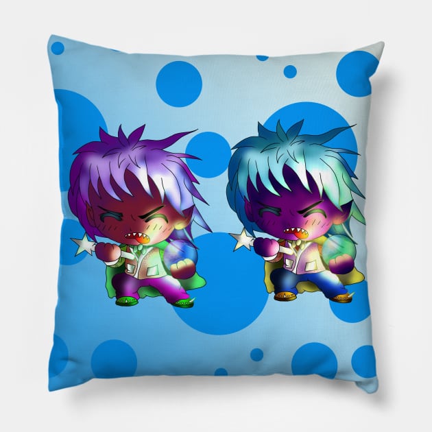 dark elf chibi sorcerers on a blue background Pillow by cuisinecat