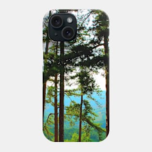 View from Monte San Martino with pine trees, sun, Sibillini and hills Phone Case