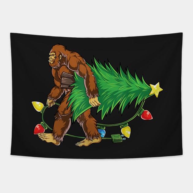 Bigfoot Carrying a Christmas Tree, Funny Sasquatch Gift for Xmas Tapestry by ThatVibe