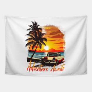 Adventure awaits Retro Summer Vibes Beach Life Classic Car Novelty Gift Tapestry