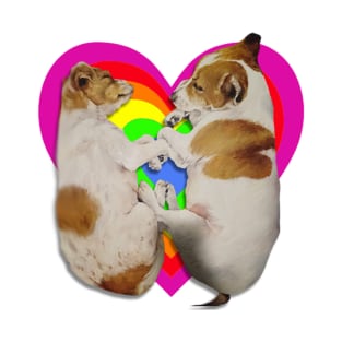 Super cute Jack Russell terriers sleeping on a rainbow heart T-Shirt