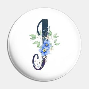 Floral Monogram J Wild Blue Flowers Pin