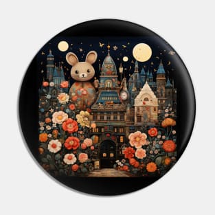 Surrealistic Folk Art Dark Floral Motif Mouse Design Pin