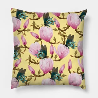 Magnolia Flowers With Butterflies Pillow