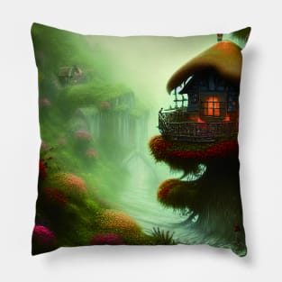 Sparkling Fantasy Cottage with Lights and Glitter Background in Forest, Scenery Nature Pillow