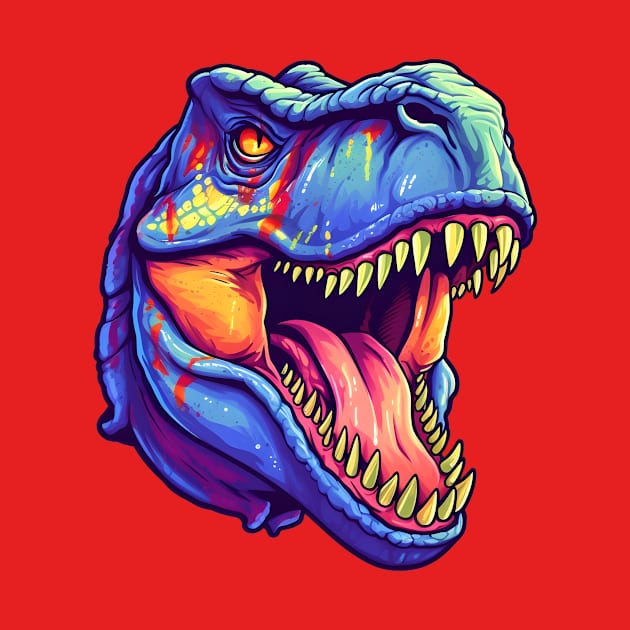 Angry colorful blue T-rex head by Clearmind Arts