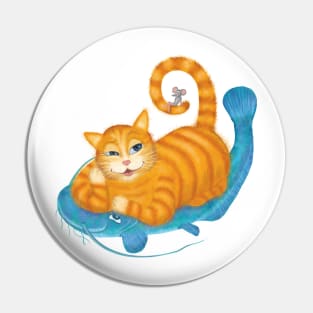 Orange tabby cat and blue catfish floating in a sea of joy Pin