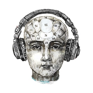 Phrenology head with headphones. T-Shirt