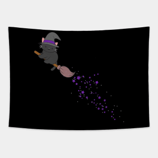 Kawaii Black Cat Witch on Purple Star Broom Tapestry