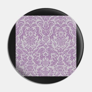 Lavender and Dusty Gray Weird Medieval Lions, Cherubs, and Skulls Scrollwork Damask Pin