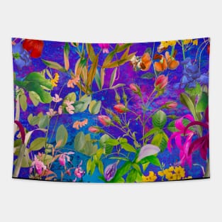Cool tropical floral leaves botanical illustration, tropical plants,leaves and flowers, blue leaves pattern Tapestry