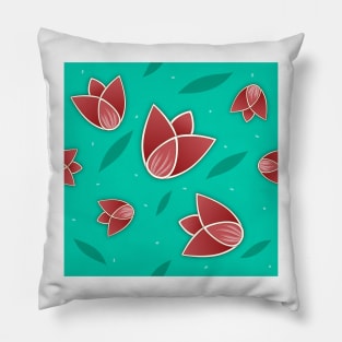 Tulips pattern in turquoise background Pillow