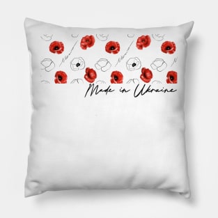 Poppies pattern with text English Made in Ukraine. Pillow