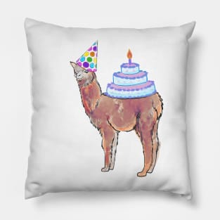 Llama in party hat with cake Pillow