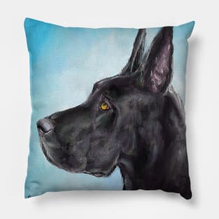 Painting of a Black Great Dane with Light Blue Background Pillow