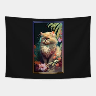 Persian Cat Vibrant Tropical Flower Tall Digital Oil Painting Portrait Tapestry