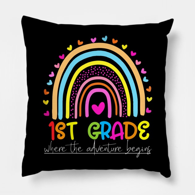 Rainbow 1st Grade Where The Adventure Begins Pillow by Red and Black Floral