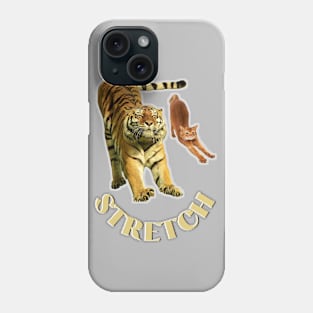 Stretch exercise by a tiger and a cat - gold text Phone Case