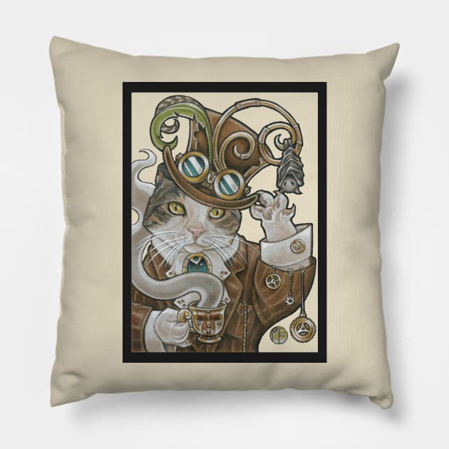 Steampunk Cat -Tea Party with Bat -Charoal Outline Pillow by Nat Ewert Art