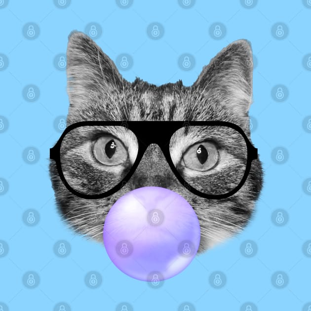 Funny cat blowing a purple bubble gum by Purrfect