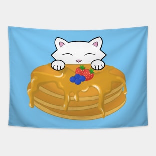 Cute white cat eating a pancake Tapestry