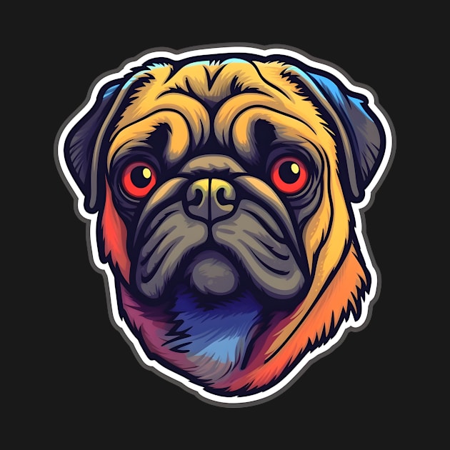 Colorful pug head with red eyes by Clearmind Arts