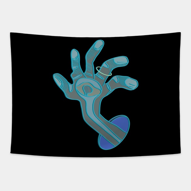 Weird abstract hand drawing coming out of a blue hole in light blue and brown colors Tapestry by DaveDanchuk