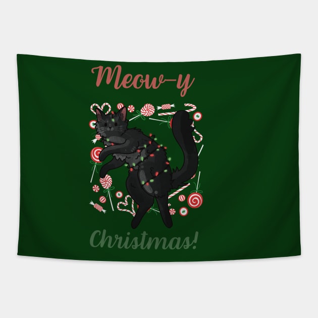 Meow-y Christmas! - Black Fluffy Cat Tapestry by Feline Emporium