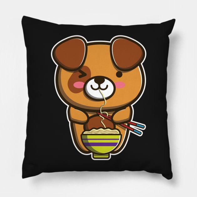 Cute Japanese Dog Eating Ramen Noodle Kawaii Dog for kids print Pillow by theodoros20