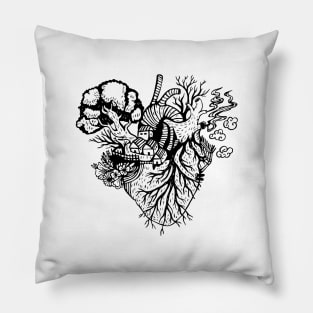 Anatomical Black and white Fantasy Hearh beating Illustration Pillow