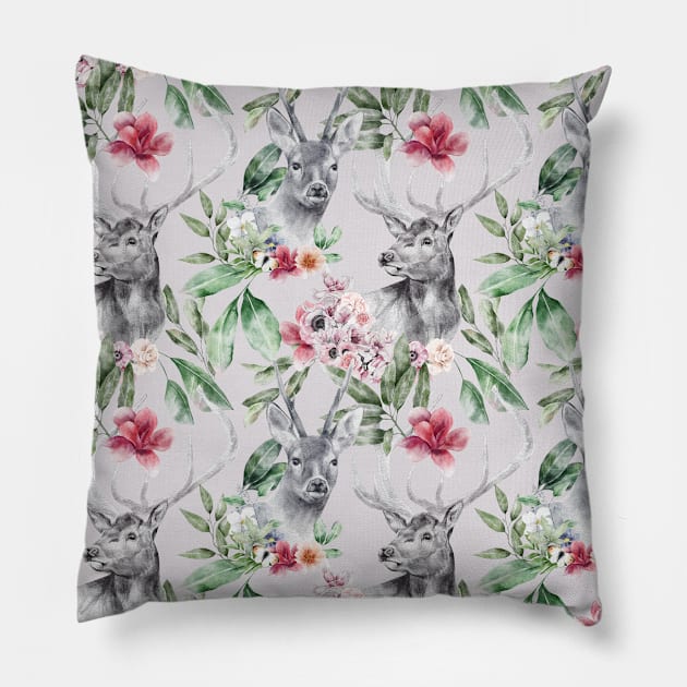Purple Flower Deer Pattern Pillow by jodotodesign