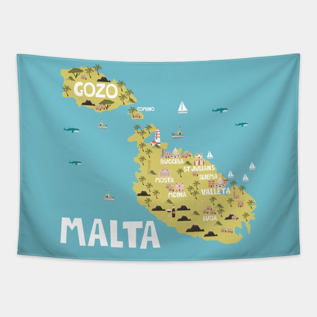 Malta Illustrated Map Tapestry by JunkyDotCom