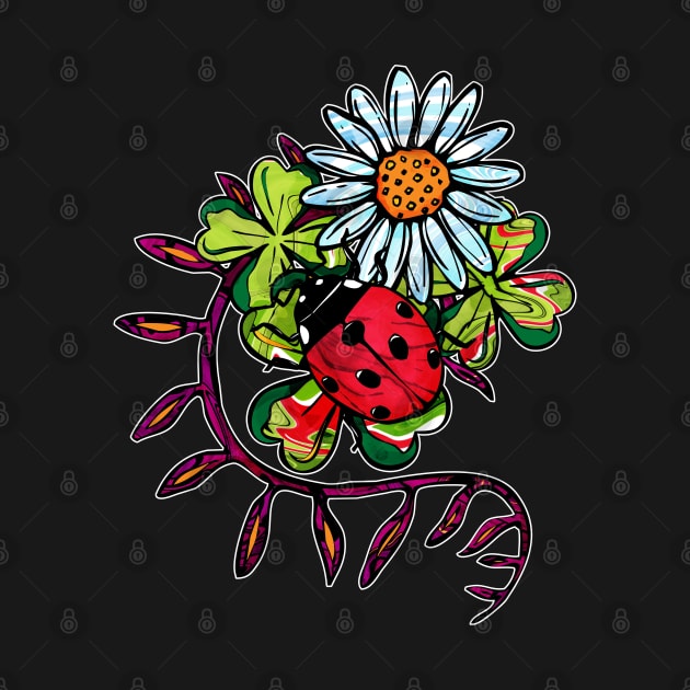 Red ladybug and white daisies on clover leaves by NadiaChevrel
