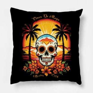 Cinco De Mayo Mexico City; 5th May; fifth of May; sugar skull; skull; party; tequila; Mexican; celebration; celebrate; sunset; orange; black; yellow; palm trees; water; ocean; bright colors; fiesta; tacos; skeleton; sunrise; travel; cool; Pillow