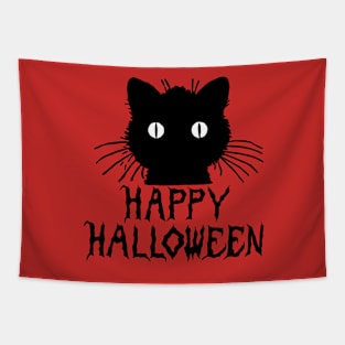 Cute Black Halloween Cat with Whiskers Happy Halloween Tapestry