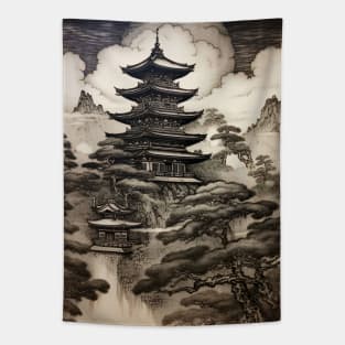 Japanese Castle Woodblock Engraving Style Tapestry