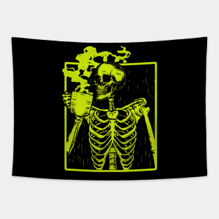 Coffee Drinking Skeleton Skull Halloween Tapestry