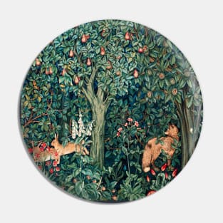 GREENERY, FOREST ANIMALS Fox and Hares Blue Green Floral Tapestry Pin