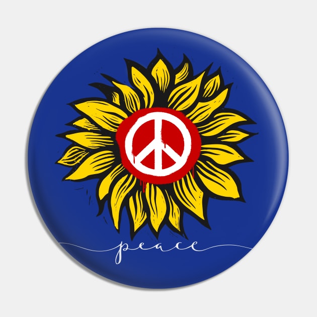 Peace for Ukraine!  with Ukraine's National Sunflower and Peace Symbol on a Dark Background Pin by Puff Sumo