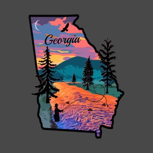 Fly Fishing Georgia State Map Mountain Sunset River Retro T-Shirt