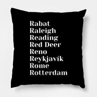 Cities starting with the letter, R, Pin, Tote, Mug Pillow