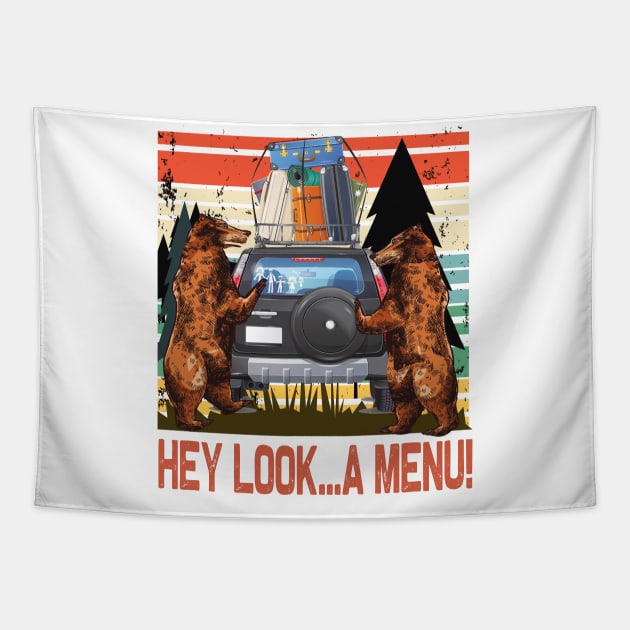 Hey look A Menu..Funny bear camper Tapestry by DODG99