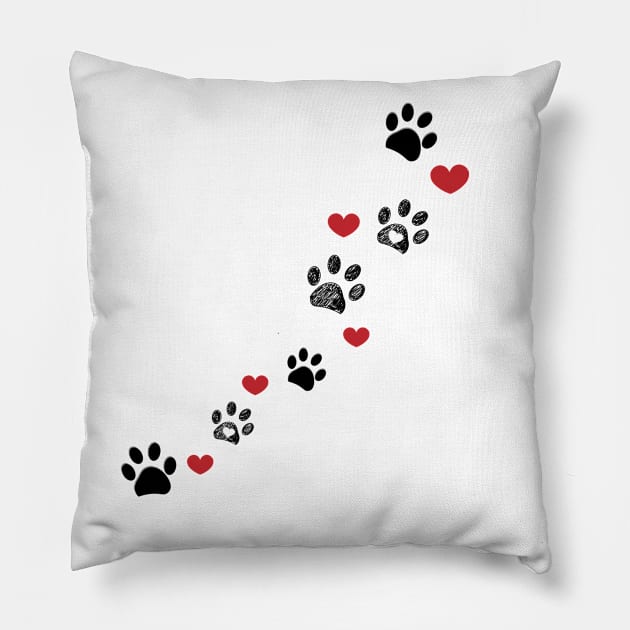 Paw prints and red hearts Pillow by GULSENGUNEL