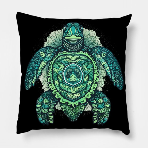 Cool Blue Mandala Sea Turtle Illustration - Unique Ocean Art Pillow by TeeTrendz