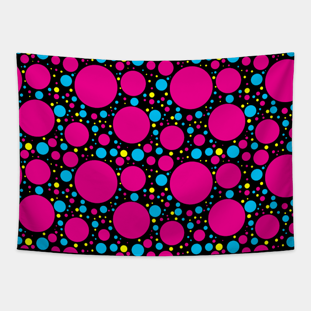 Pink, Blue and Yellow Dots on Black Pattern Tapestry by bumblefuzzies