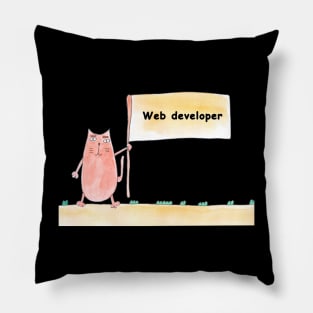 Web developer. Profession, work, job. Cat shows a banner with the inscription. Watercolor illustration. A gift for a professional. Pillow