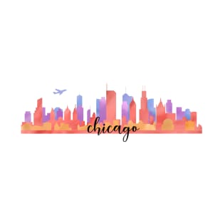 Color Chicago City Skyline Watercolour Multilayer With Aircraft/Flight/Aeroplane/Airplane/Plane T-Shirt