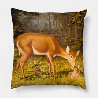 Deer and calf in nature. Colorful, vintage painting Pillow