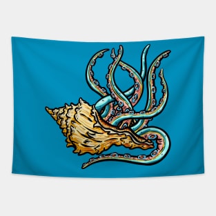 Tentacles in a Conch Seashell Illustration Tapestry