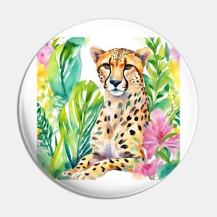 Preppy watercolor portrait of a sitting cheetah in a tropical forest Pin